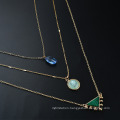 Trendy Crystal Glass Natural Stone Pendant 3 Layered Necklace